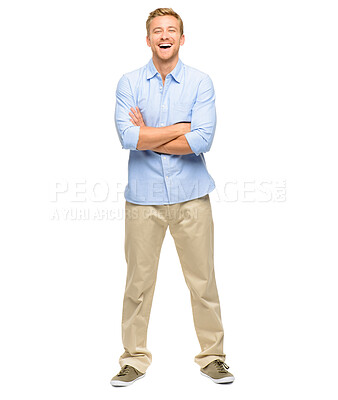 Buy stock photo Business, portrait and man with arms crossed in studio with confidence, ambition and opportunity. About us, consulting agency and employee for growth, professional or laughing on white background