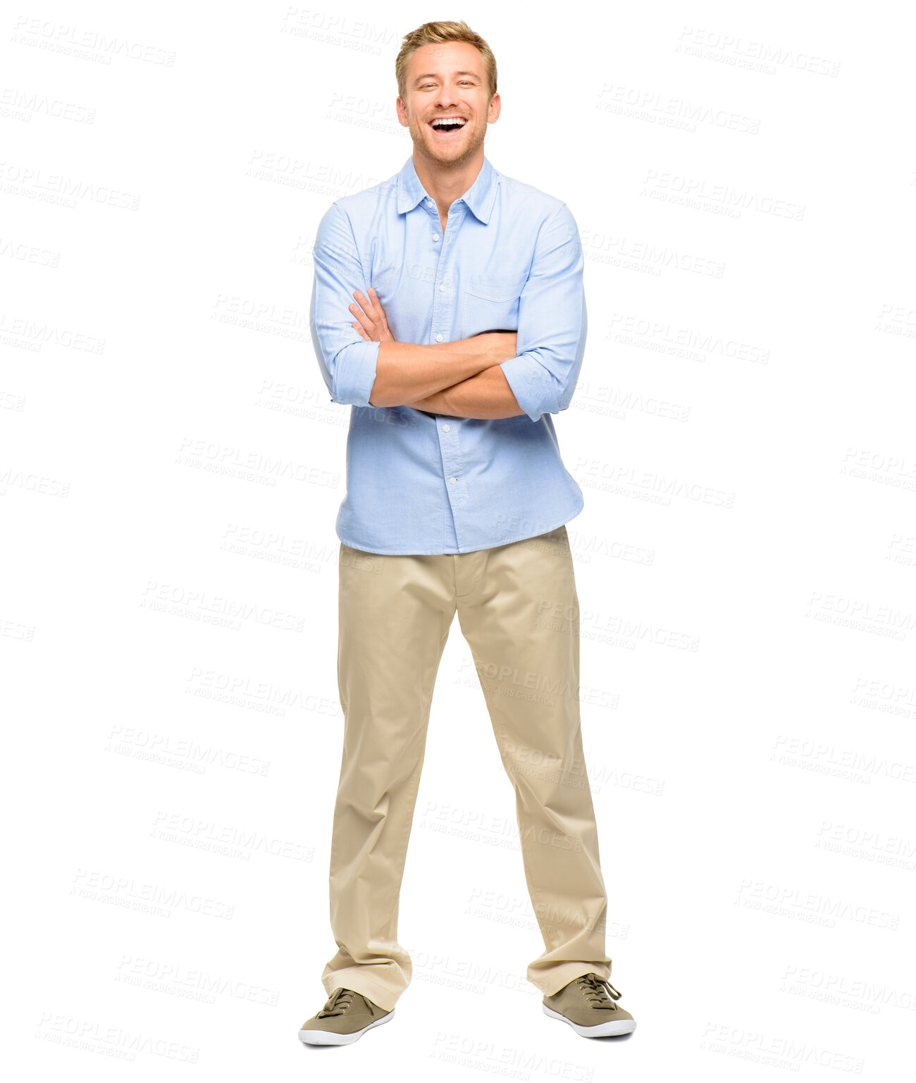 Buy stock photo Business, portrait and man with arms crossed in studio with confidence, ambition and opportunity. About us, consulting agency and employee for growth, professional or laughing on white background