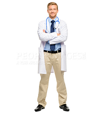 Buy stock photo Doctor, portrait and man with arms crossed in studio for confidence, healthcare or medical career. Hospital, smile and cardiologist with stethoscope for trust, medicine or service on white background