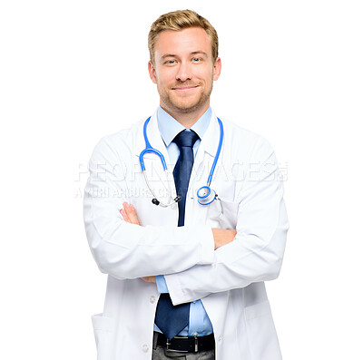 Buy stock photo Portrait, man or doctor in studio with smile for healthcare, support and confidence in hospital care. Health, pride and happy medical professional in clinic with arms crossed on white background