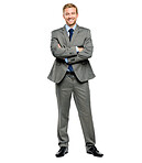 Handsome young businessman posing with his arms folded in studio. Fullbody confident friendly caucasian businessperson standing with arms crossed