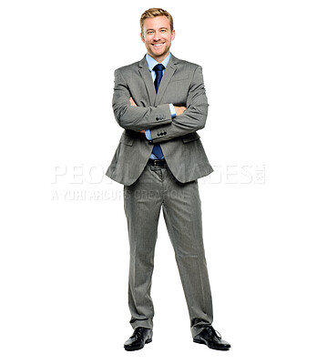 Buy stock photo Studio, smile and portrait of businessman with arms crossed for career, ambition and confidence. Law firm, male person and lawyer with pride for legal job, corporate and company on white background