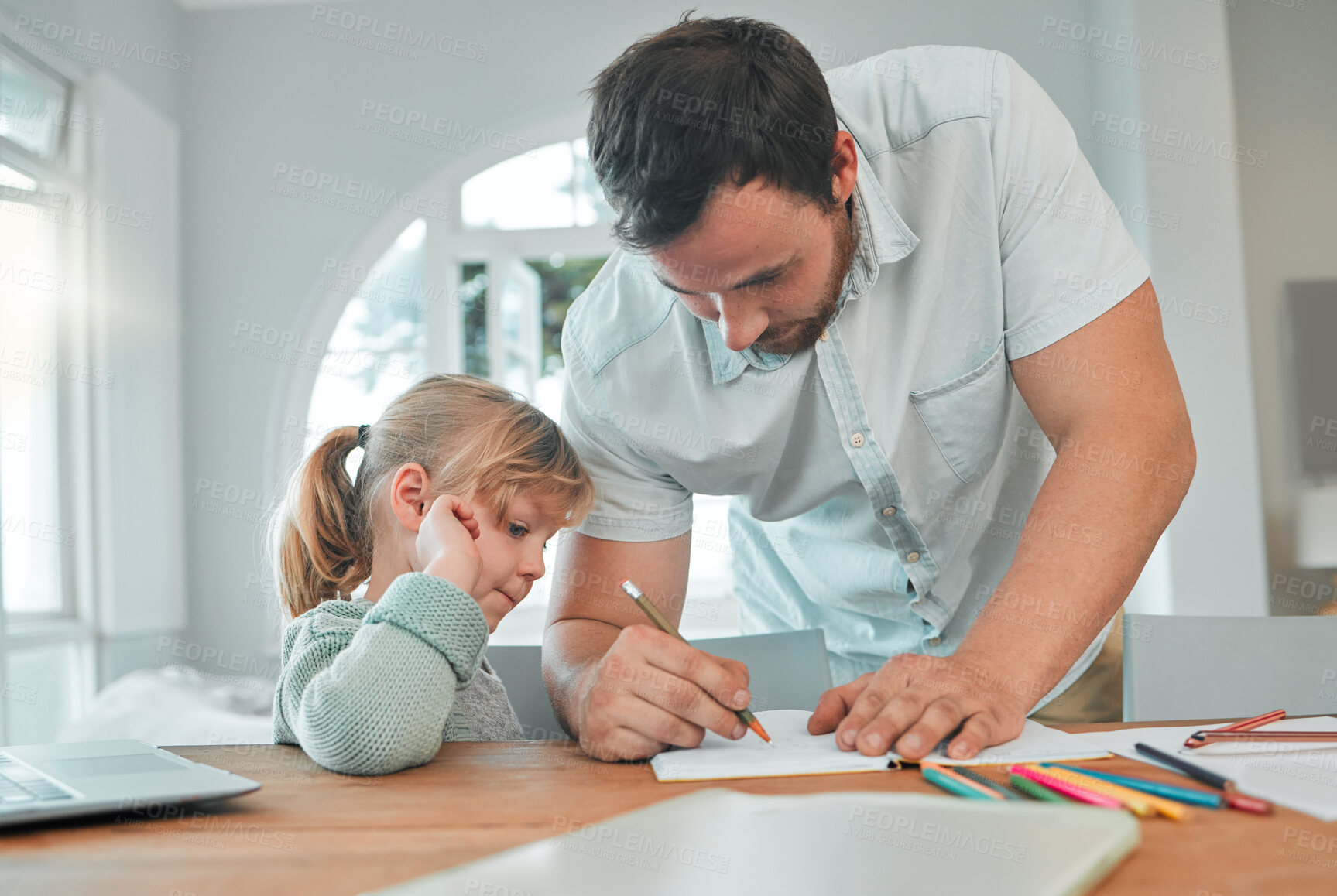 Buy stock photo Father, girl and writing in book for homework, teaching or helping child in support at home. Dad or parent drawing with little kid for learning, education or homeschooling together on table at house