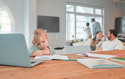 Buy stock photo Homework, writing and child in home with laptop for online lesson, creative education and elearning with books. Family, school and young girl at table with computer, notebooks and pens for studying