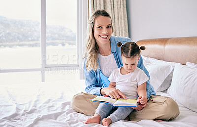 Buy stock photo Mother, girl and reading book in portrait on bed, literacy and learning abc for language development. Mama, daughter and parent for fairytale or together for storytelling, love and home for bonding