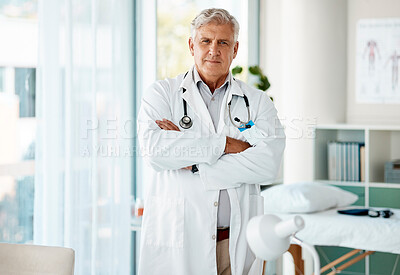 Buy stock photo Arms crossed, healthcare and portrait of mature doctor in hospital for appointment or checkup. Cardiology, medical and trust with confident medicine professional in clinic for consulting or treatment