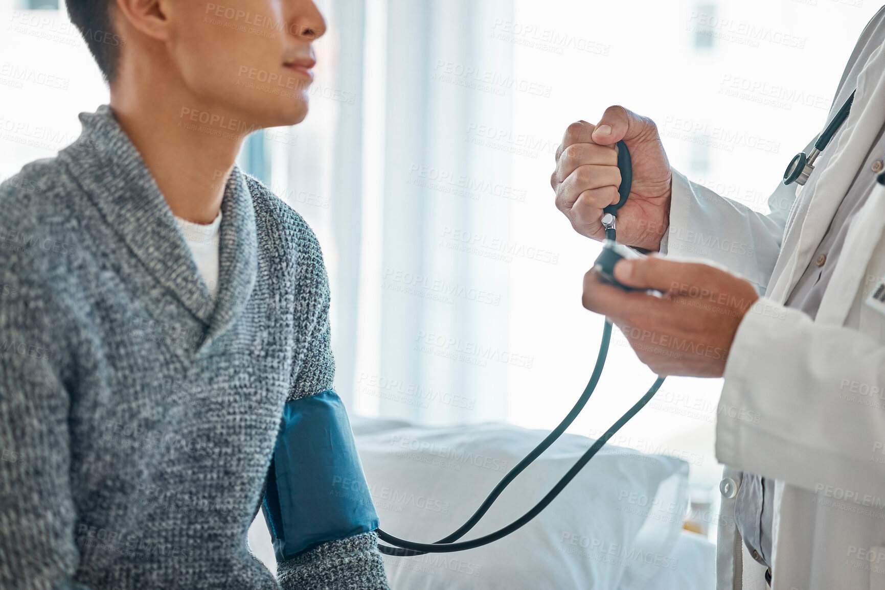 Buy stock photo Blood pressure, healthcare and hands of doctor with patient for consulting, assessment and medical service. Hospital, clinic and people with equipment for stress, heart rate or hypertension results