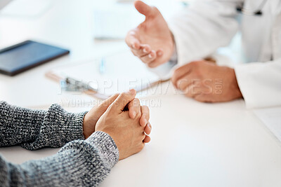 Buy stock photo Hands, medical and patient with doctor in consultation for communication, discussion or talking. Insurance, checkup and healthcare worker explaining for support, diagnosis and trust for clinic person