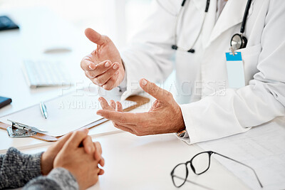 Buy stock photo Hands, medical and person with doctor in consultation for communication, discussion or talking. Insurance, checkup and healthcare worker explaining for support, diagnosis and trust for clinic patient