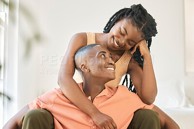 Buy stock photo Love, chill or black couple in home to relax, smile or enjoy anniversary together for peace or trust. Loyal, romantic woman and African man in bedroom for bonding with care, support or special moment