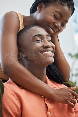 Buy stock photo Love, happy and black couple hug in apartment to relax, smile or enjoy anniversary together for peace or trust. People, romantic woman and man bonding in home for care, support and special moment