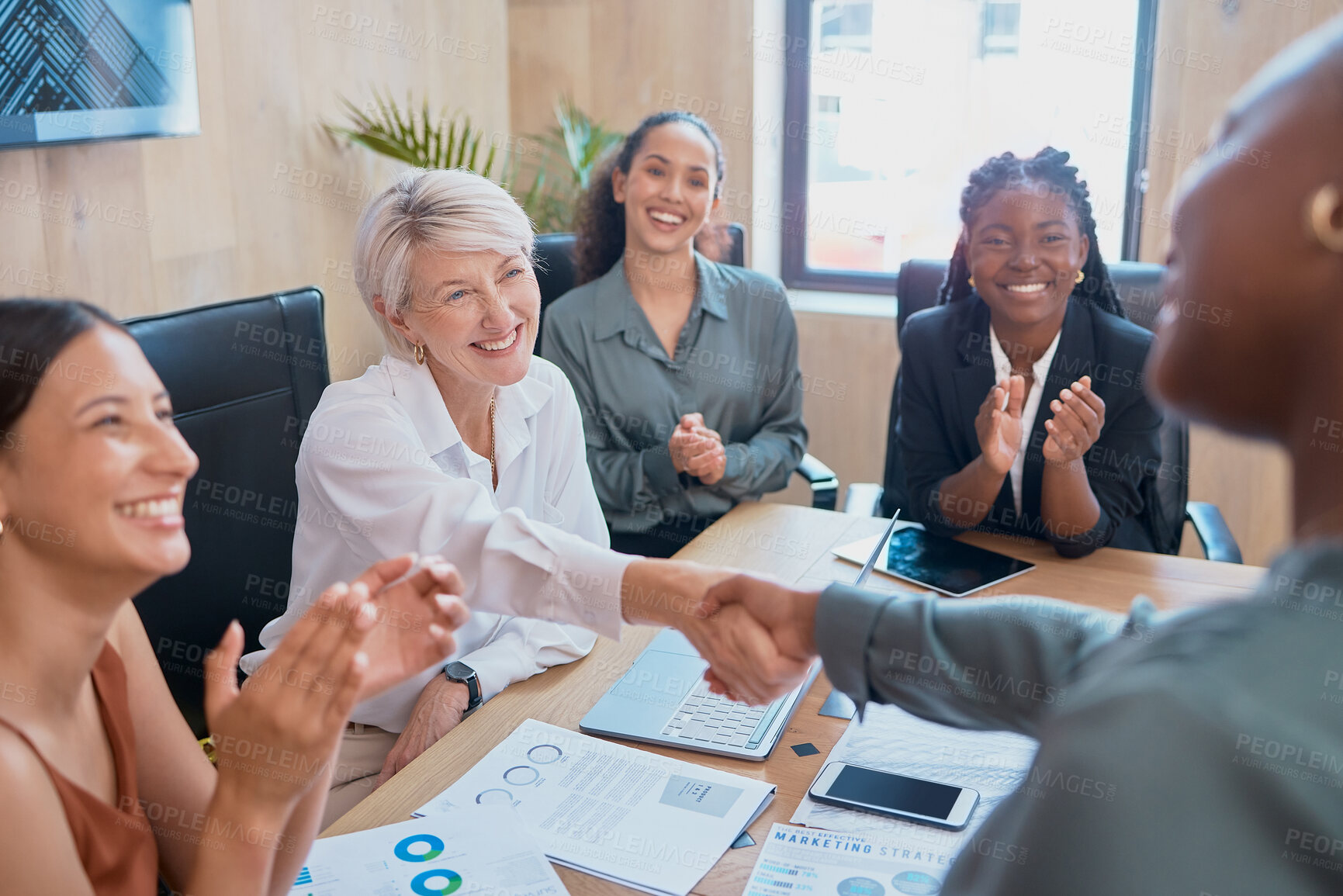 Buy stock photo Business, women and handshake in office for congratulations on project achievement. People, employees and boardroom on meeting with clapping hands or paperwork for well done, success and happy