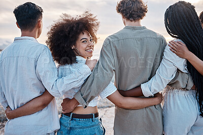 Buy stock photo Care, people and friendship on beach for hug, embrace and bonding together on vacation in California. Friends, men and women with peace for hangout, chilling and adventure holiday in ocean outdoor