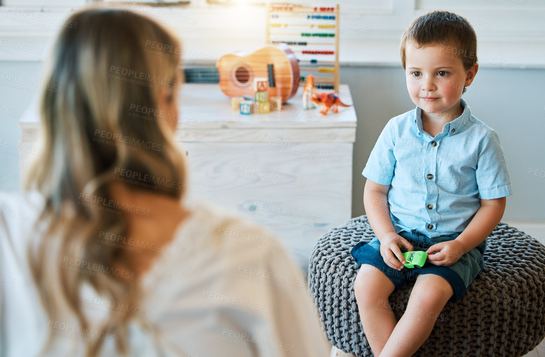 Buy stock photo Woman, child and psychology with talking for therapy consultation, development evaluation and progress review. Boy, psychologist and checkup for autism counselling, learning support and assessment