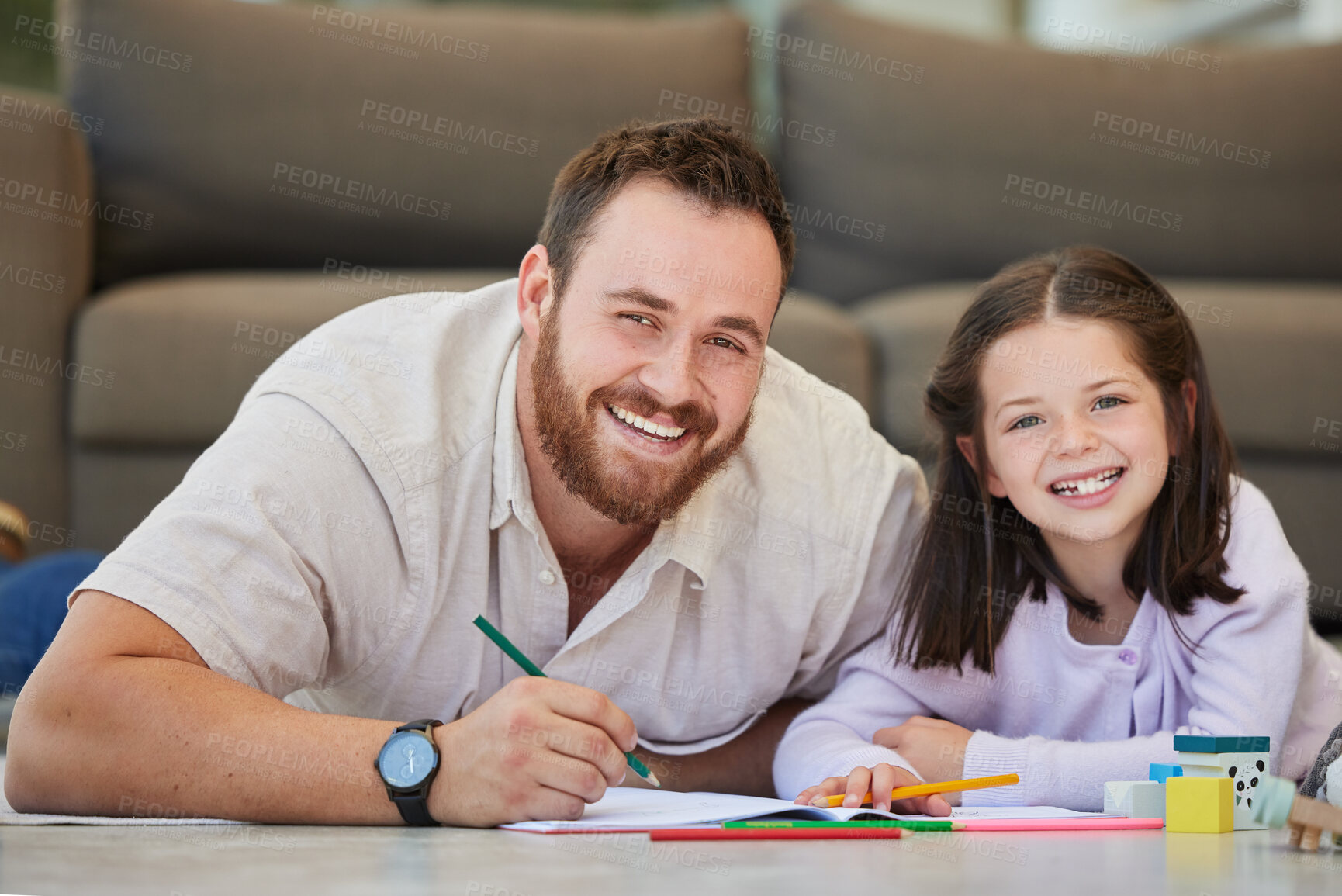 Buy stock photo Father, girl child and support with drawing in living room for development, learning art with help for growth. Dad, daughter and home with portrait for color picture or creative, together with mentor