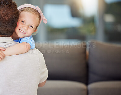 Buy stock photo Happy girl, portrait and hug with father for love, embrace or care in joy for childhood or bonding at home. Daughter, child or kid with smile for family, dad or support on holiday or weekend at house