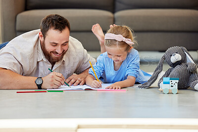 Buy stock photo Child, father and writing on floor for education with creative learning, bonding and language development. Man, girl and notebook for drawing, sketch and reading with motor skills activity at house