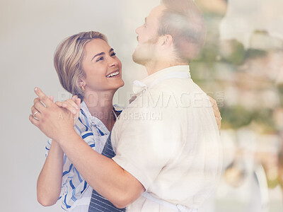 Buy stock photo Love, dancing and couple holding hands in living room for happiness, relationship or hug. Smile, anniversary and married man with woman for commitment, romantic date or bonding together in home