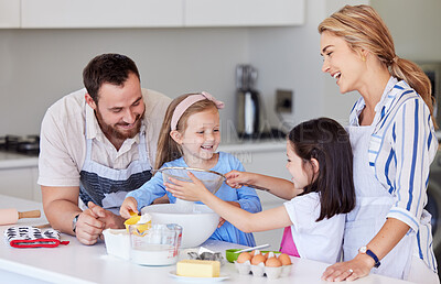 Buy stock photo Family, flour and learn baking in kitchen, love and support for sifting powder or ingredients. Parents, children and teach kids to cook for skills development, happiness and recipe for cake in home