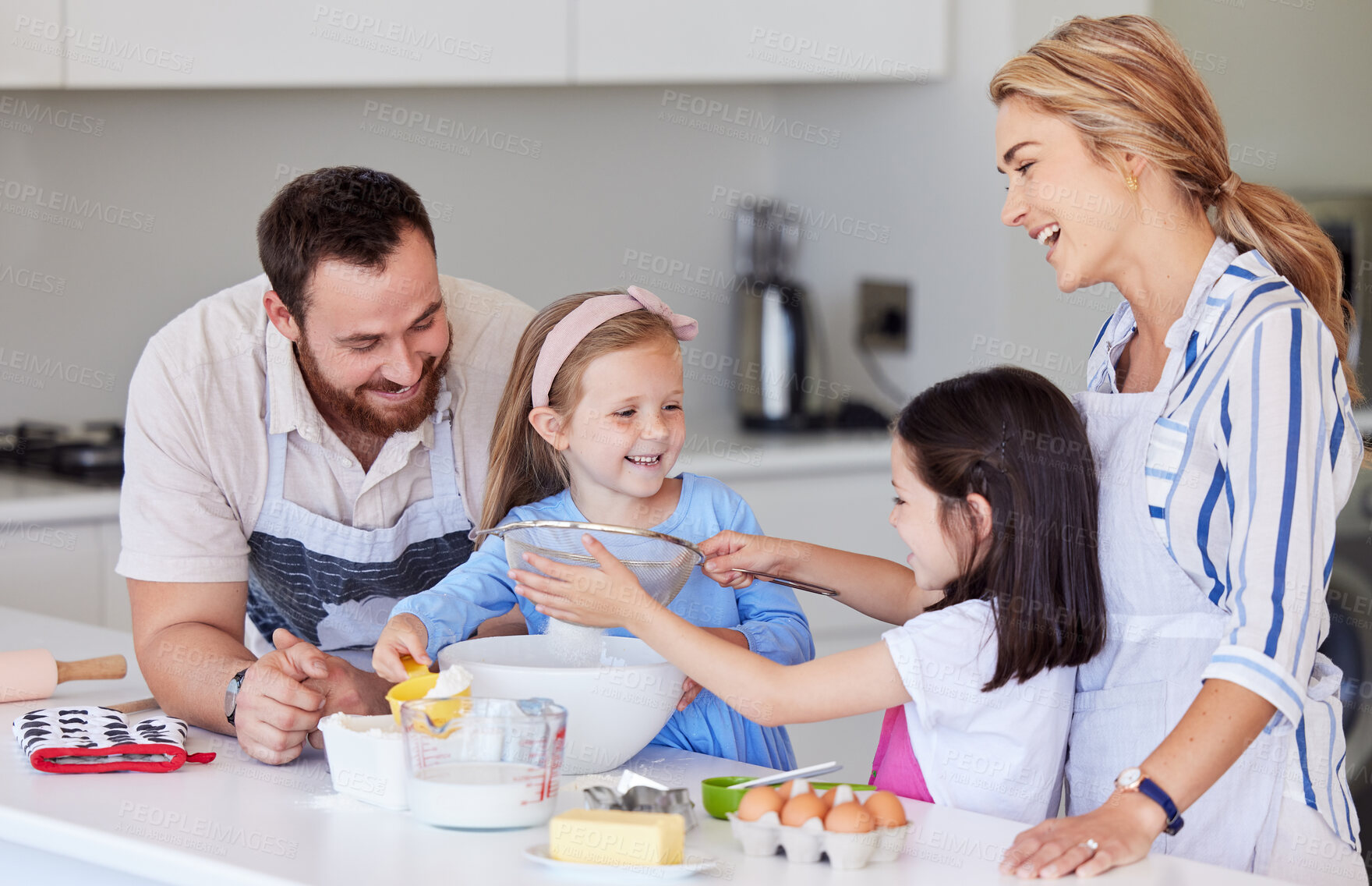 Buy stock photo Family, flour and learn baking in kitchen, love and support for sifting powder or ingredients. Parents, children and teach kids to cook for skills development, happiness and recipe for cake in home