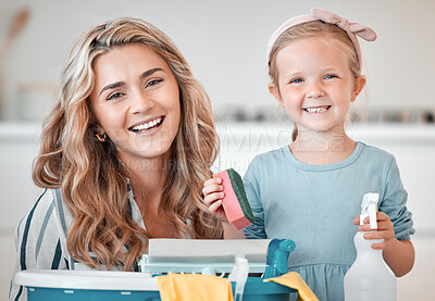 Buy stock photo Housework, mother and child in portrait for cleaning, product and container for detergent with smile. Home, mom and happy girl with spray for dust, hygiene and kid for helping parent in apartment