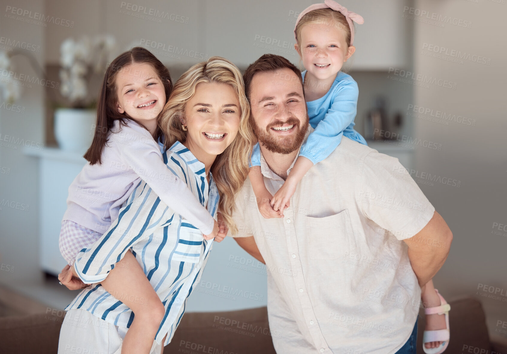 Buy stock photo Parents, children and piggy back in home for portrait, smile and bonding with care in family house. Father, mother and daughter siblings with love, happy and connection with games in apartment