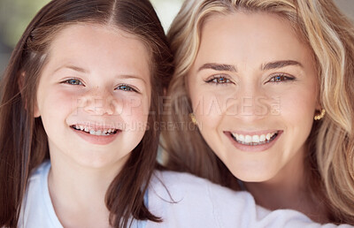 Buy stock photo Single mom, kid or face in home with smile, bonding or support for relationship growth. Portrait, mother or young girl with happiness for adoption, emotional connection or new family or development