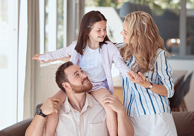 Buy stock photo Parents, girl and plane on shoulders on couch with smile, care and games with holding hands and support. Father, mother and daughter with love, connection and airplane with flight in family house