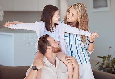 Buy stock photo Parents, girl and plane on shoulders on sofa with smile, care and games with holding hands with support. Father, mother and daughter with love, connection and airplane with flight in family house