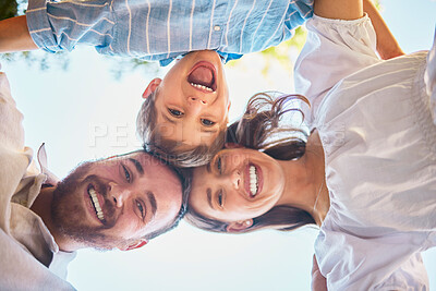 Buy stock photo Below, happy family and portrait in garden to relax, morning together or outdoor for holiday. Mom, dad or children in backyard or countryside for mothers day in nature or love for trust and care