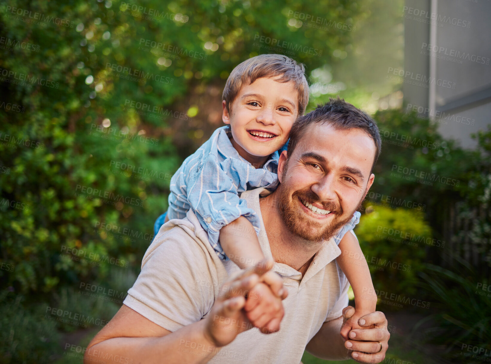 Buy stock photo Piggyback, family and portrait in garden for games, morning and together or outdoor for holiday. Boy, dad or child in backyard or countryside for bonding in nature or happy for love, support and care