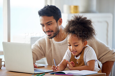 Buy stock photo Father, child and laptop with homework in home for learning, education or homeschool lesson with remote work. People, dad or daughter with support for study activity, writing or sketch in dining room
