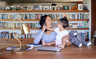 Buy stock photo Phone call, baby and mom in home office for working, communication and happy at desk. Business, woman and online conversation in apartment for productivity, balance and support for child in morning