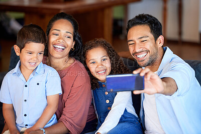 Buy stock photo Selfie, man and children with happiness on sofa for photography, memory or social media post. Love, kids and peace  family with parents for profile picture, care or bonding together in home