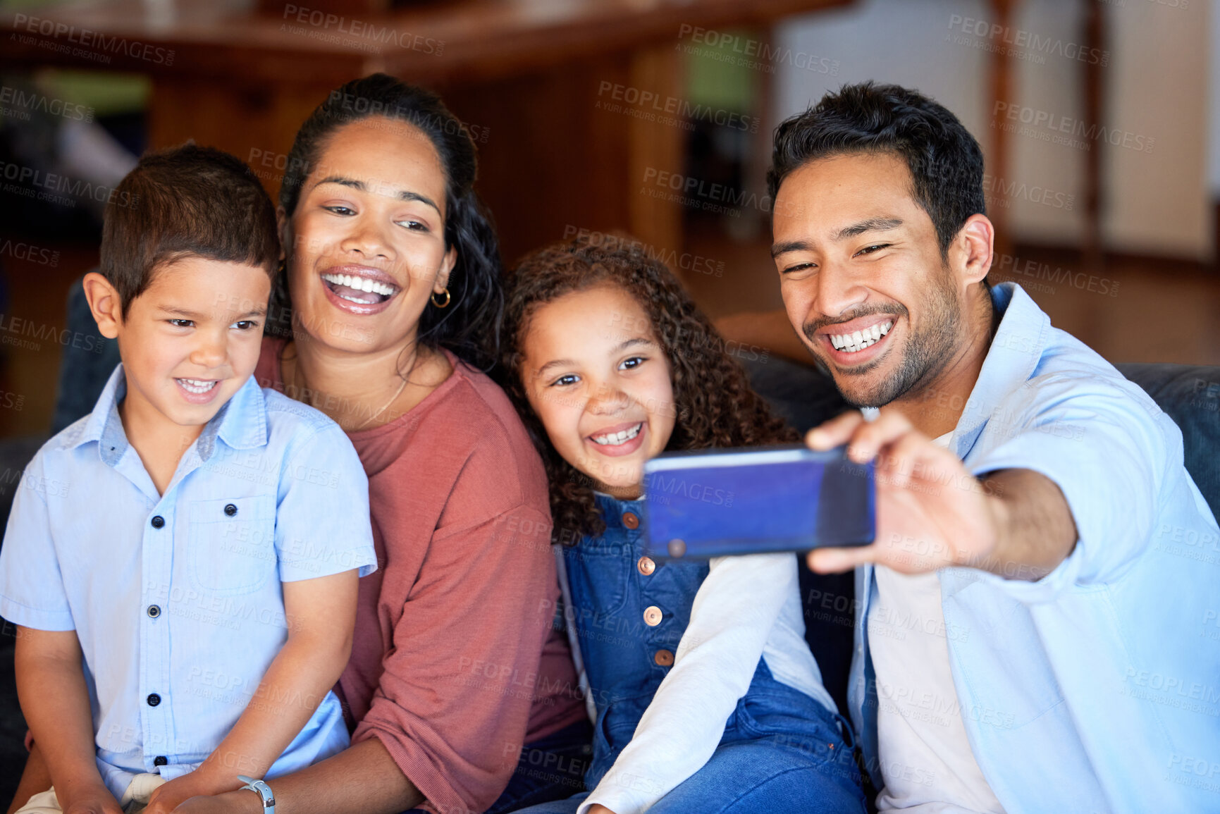 Buy stock photo Selfie, man and children with happiness on sofa for photography, memory or social media post. Love, kids and peace  family with parents for profile picture, care or bonding together in home