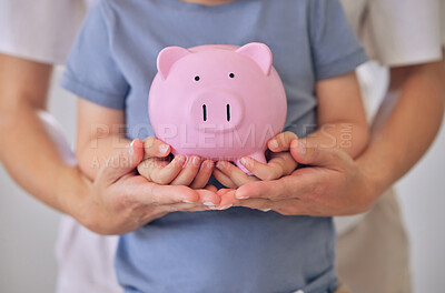 Buy stock photo Family, child and money with hands and piggy bank for saving and parent teaching budget. Helping, support and cash for investing and planning finance with youth development and learning at home