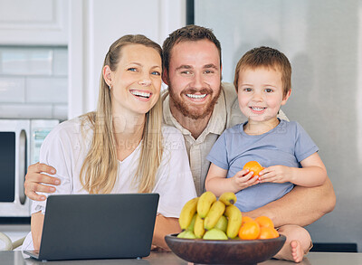 Buy stock photo Mother, child and family portrait or online research as multitasking parent, laptop and learning. Man, son and youth education or study help in apartment kitchen, remote work or fresh fruit lunch