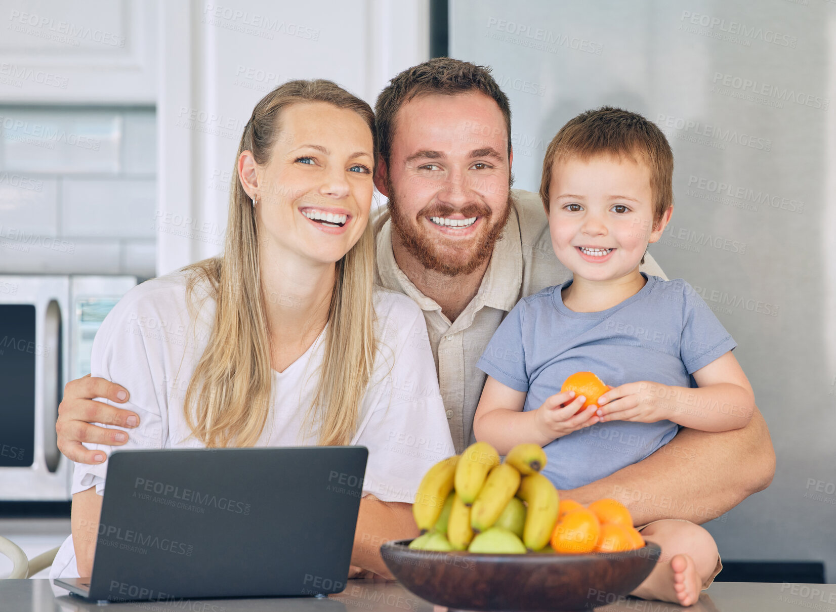 Buy stock photo Mother, child and family portrait or online research as multitasking parent, laptop and learning. Man, son and youth education or study help in apartment kitchen, remote work or fresh fruit lunch