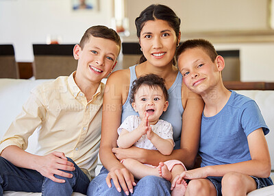 Buy stock photo Happy mother, portrait and children with siblings on sofa for bonding, weekend or family holiday at home. Mom, young kids and smile with baby for love, embrace or playful day in living room at house