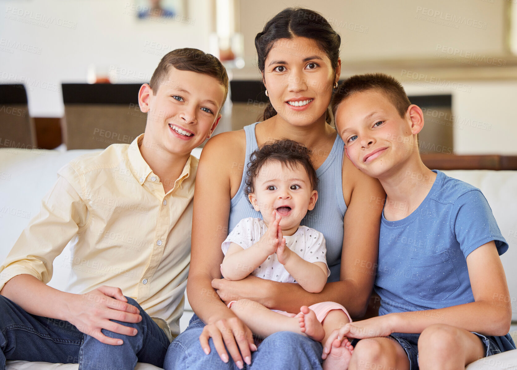 Buy stock photo Happy mother, portrait and children with siblings on sofa for bonding, weekend or family holiday at home. Mom, young kids and smile with baby for love, embrace or playful day in living room at house