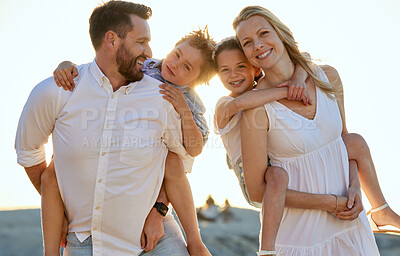 Buy stock photo Family, piggyback kids and outdoor portrait for love, holiday and support children in nature. Parents, carrying son and daughter for fun or happiness, weekend trip and travel together on vacation