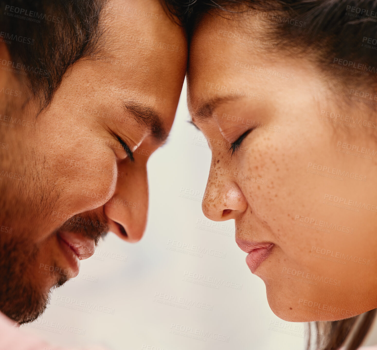 Buy stock photo Couple, face together or trust with love for relationship or bonding, security with partner and hope. Care, Indonesian man or woman with peace or calm for commitment, relax with eyes closed for date