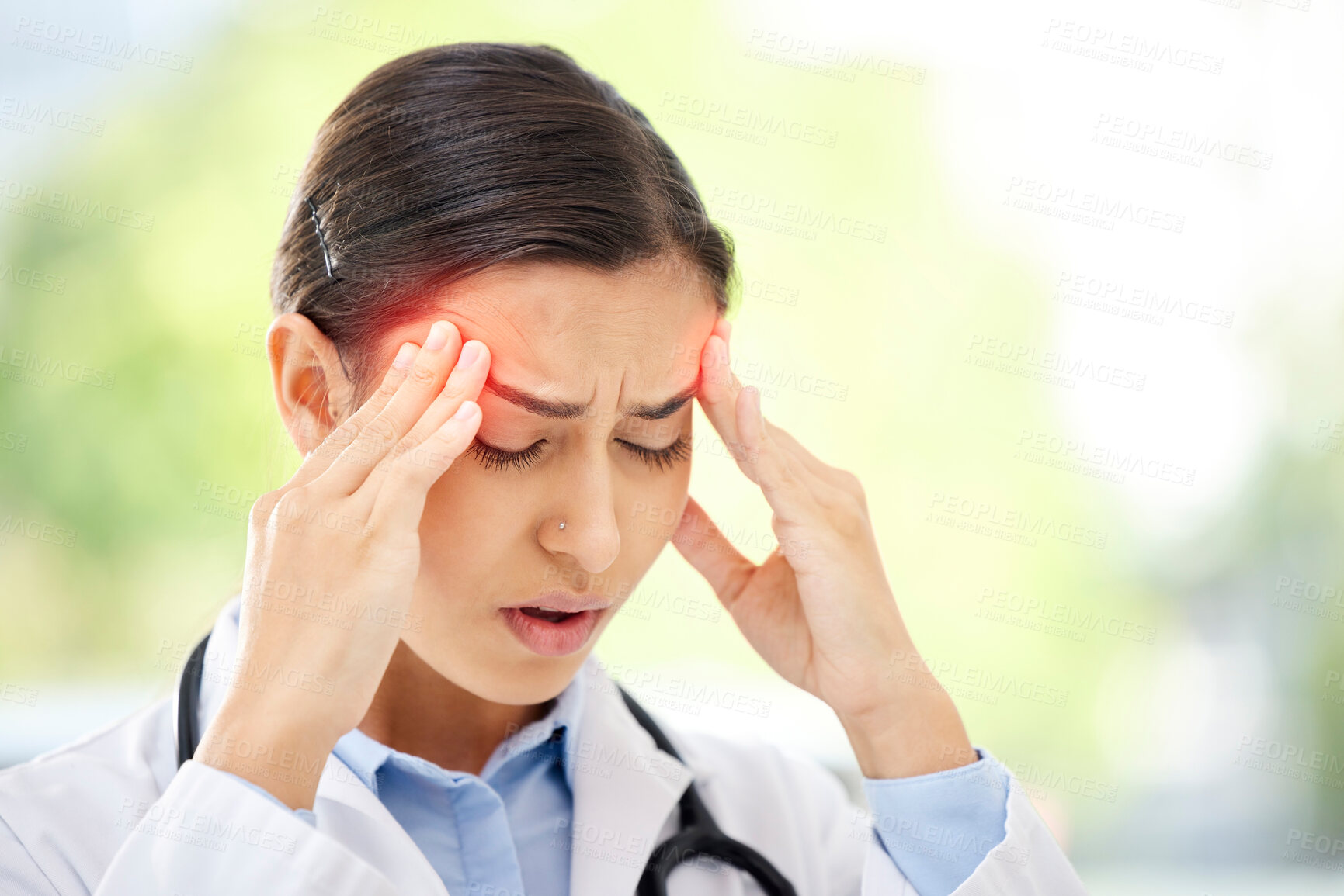 Buy stock photo Headache, woman and doctor with stress in hospital for burnout, overworked or medical mistake. Migraine, red glow and female healthcare worker with worry, pressure or crisis in career at clinic.