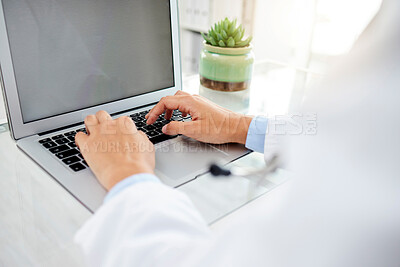 Buy stock photo Healthcare, laptop and hands of doctor for online consulting, medical service and research in clinic. Hospital, telehealth and person typing on computer for website, patient results and insurance