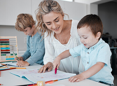 Buy stock photo Coloring book, distance learning and education with family in kitchen of home together for child development. Creative, growth or homework with mother and boy children in apartment for remote school