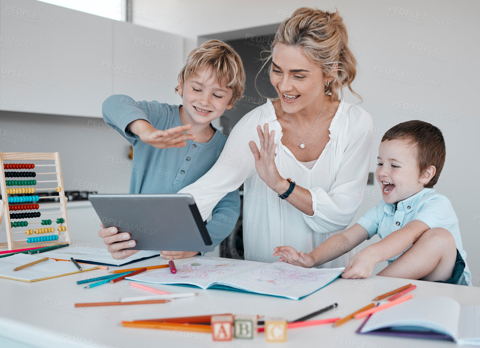 Buy stock photo Mom, kids and tablet for video call at house with virtual classroom, communication and learning website. Happy, woman and children with digital hello for online education, creative lesson and course