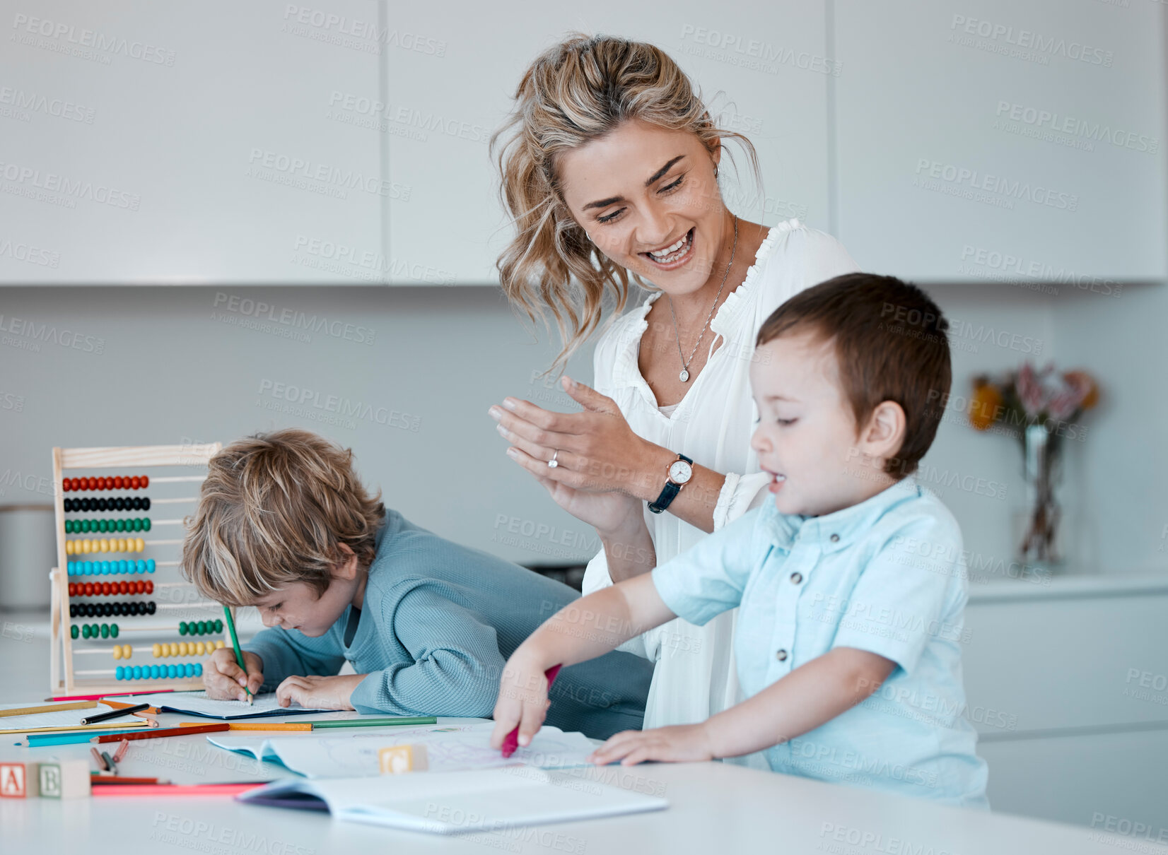 Buy stock photo Applause, distance learning and education with family in kitchen of home together for child development. Growth, homework or success and mom clapping with boy children in apartment for remote study