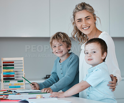 Buy stock photo Distance learning, education and portrait with family in kitchen of home together for child development. Growth, homework or smile with mother and boy children in apartment for remote schooling