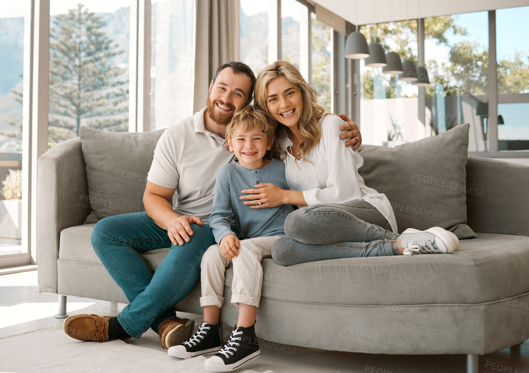 Buy stock photo Couch portrait, mom and dad with son for love relationship, safety and bonding in family home. Smile, mama and papa with young boy on lounge sofa for security, relax together and support in Australia