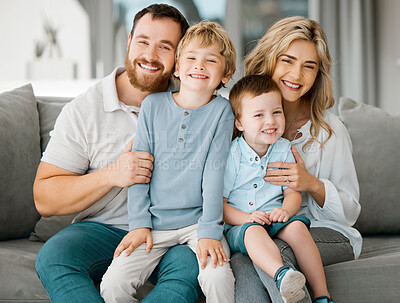 Buy stock photo Love, hug and children with house, happy family or property to relax with security, safety and care. Smile, siblings or proud parents on couch with boys, support or trust for bonding together in home